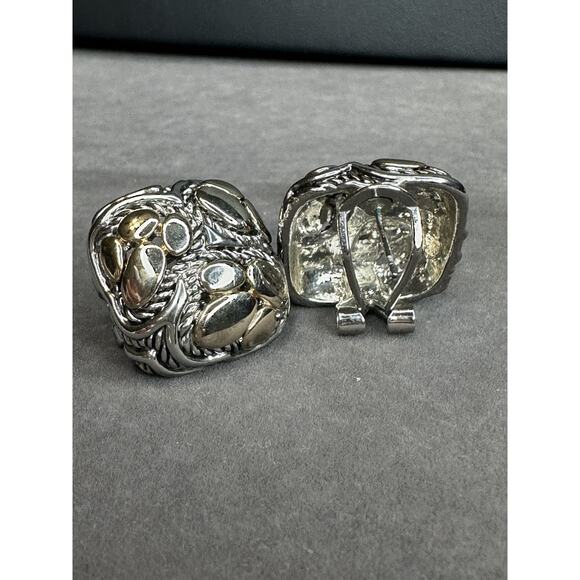 Rhodium Two tone cable pebble square Omega clasp earrings 3/4” Each - Picture 4 of 10